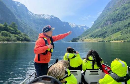 Cruise boat gliding through Norway fjords near Flåm